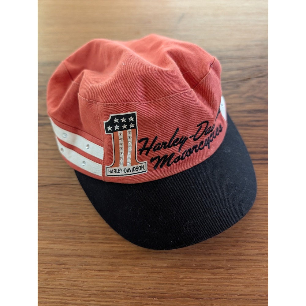 Harley Davidson Womens Orange Cadet Hat Bling #1 Logo Military Cap Adult OS